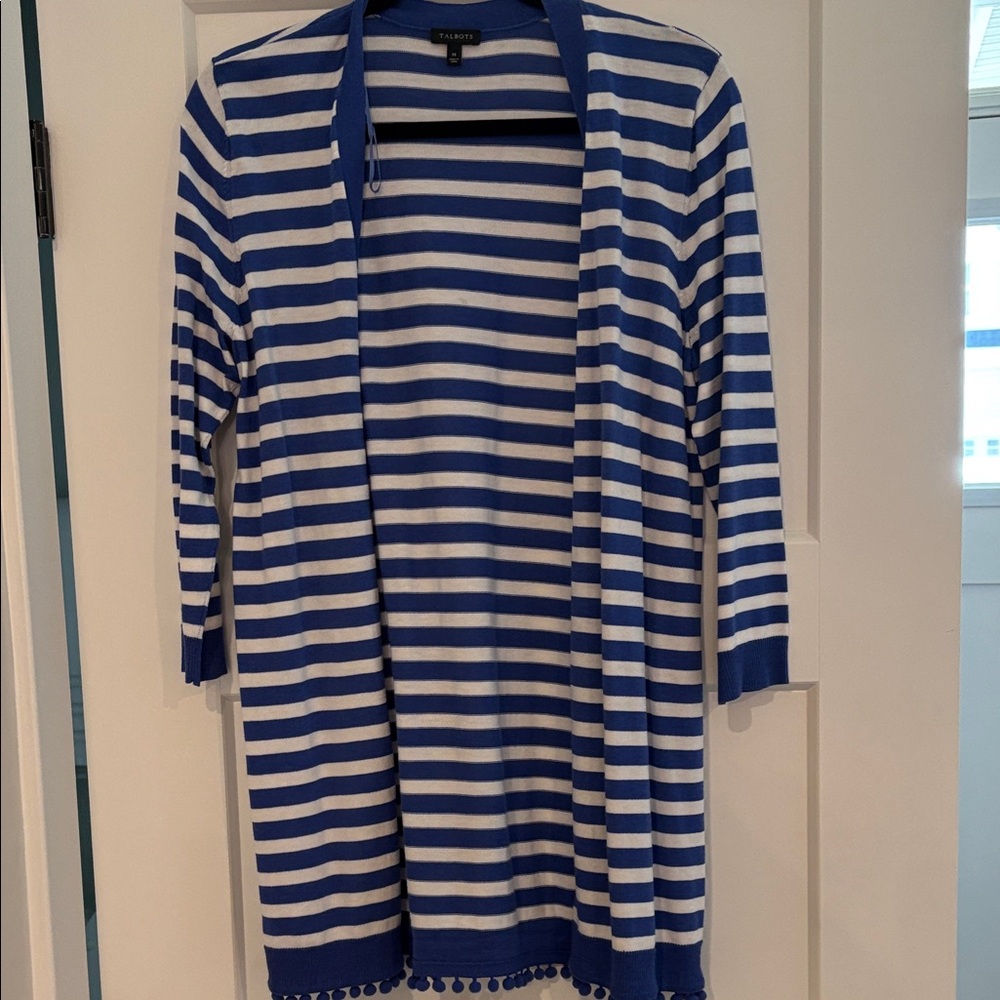 Talbots Royal Blue and White Striped Open-Front Cardigan with Pom Trim